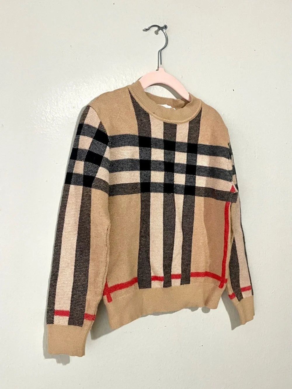 Burberry Tan Black Cream Plaid Kids Sweater with Red Accents